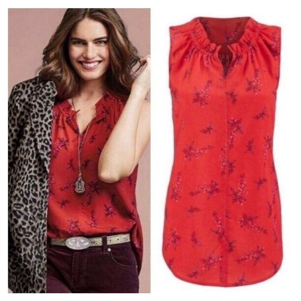 CABI 5222 Red SPRING SKETCHBOOK Sleeveless RUFFLE V-NECK Satin BLOUSE/TOP Sz S